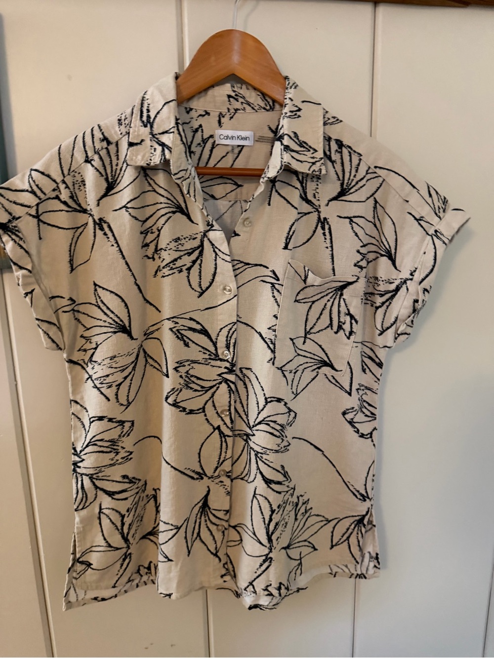 Calvin Klein M Linen Blend Botanical Floral Button Front Blouse Shirt
